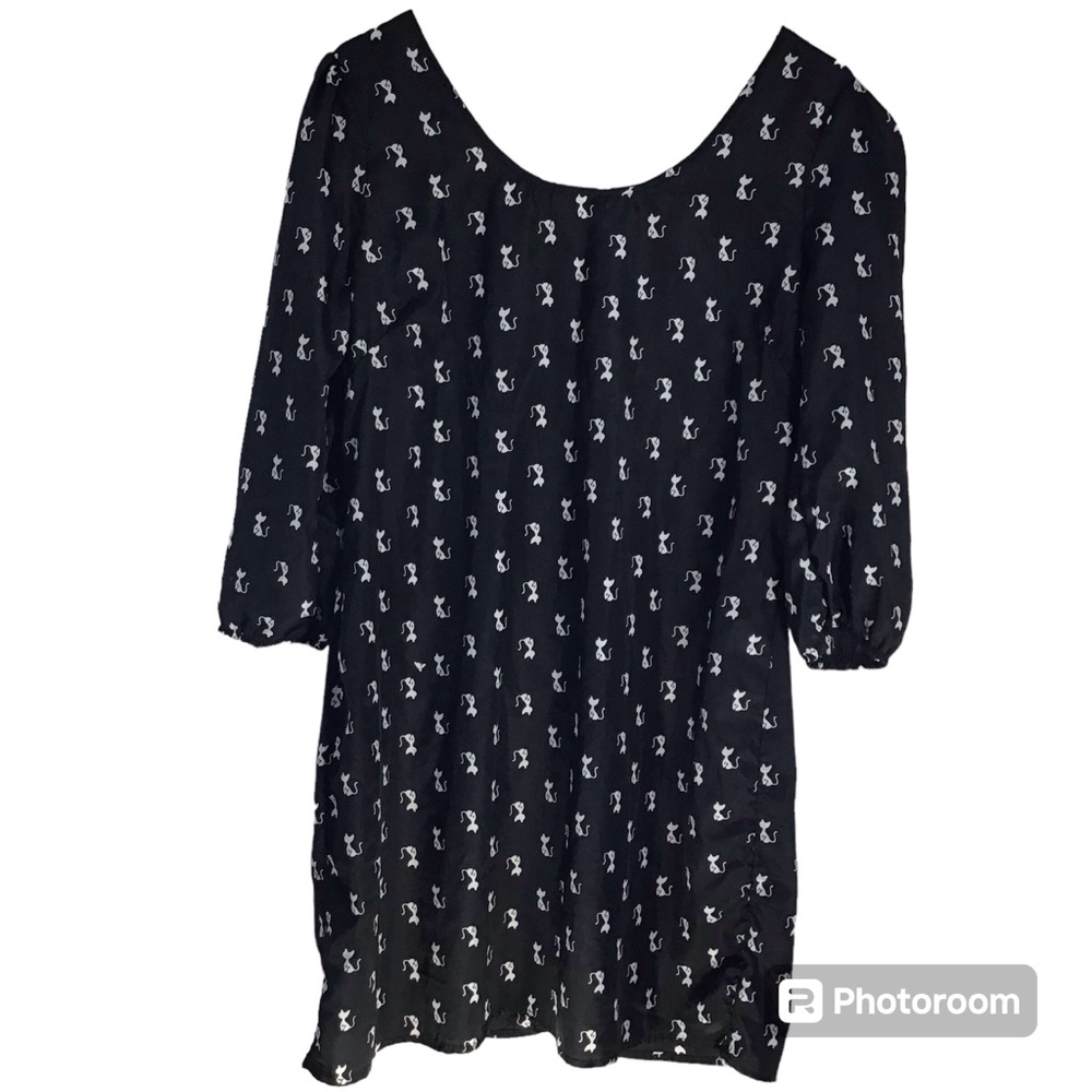 Kitty Cat Print 3/4 Sleeves Exposed‎ Zipper Black & White Dress Large